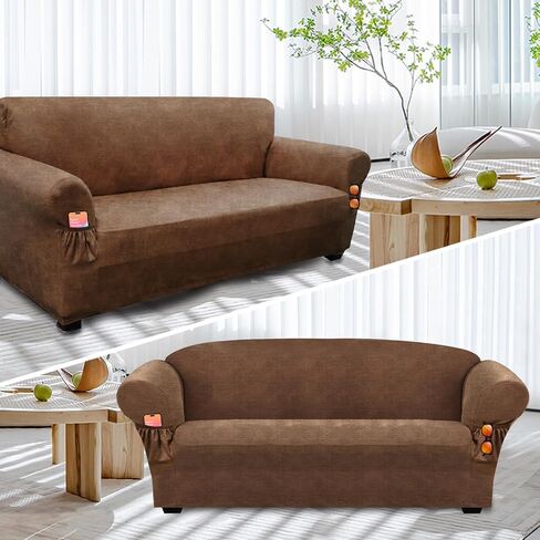 Like Leather Couch Cover for 3 Cushion Couch Sofa Pet Friendly with 2 Arm Pockets, Hair Resistant Sofa Cushion Covers Washable for Dog Cat, 1 Piece Stretch Sofa Covers Brown 4 in Saudi Arabia