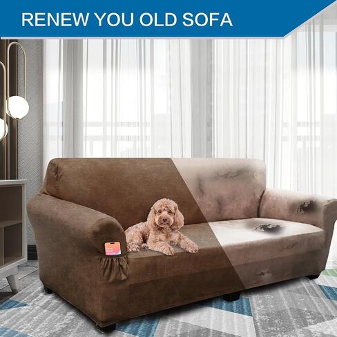 Like Leather Couch Cover for 3 Cushion Couch Sofa Pet Friendly with 2 Arm Pockets, Hair Resistant Sofa Cushion Covers Washable for Dog Cat, 1 Piece Stretch Sofa Covers Brown 4 in Saudi Arabia