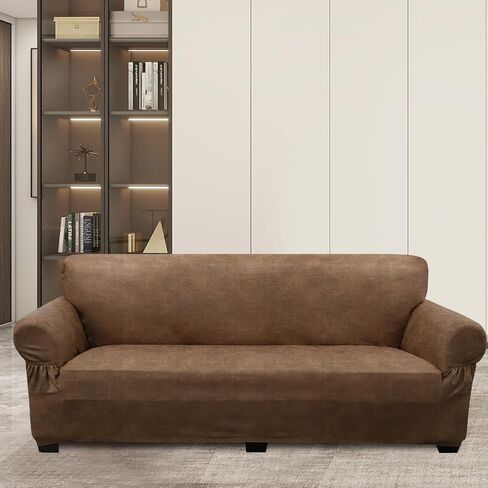 Like Leather Couch Cover for 3 Cushion Couch Sofa Pet Friendly with 2 Arm Pockets, Hair Resistant Sofa Cushion Covers Washable for Dog Cat, 1 Piece Stretch Sofa Covers Brown 4 in Saudi Arabia