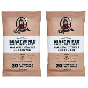 Dr. Squatch Beast Wipes, Flushable Wipes for Men, Soothing and Refreshing Adult Wipes - 2-Pack Unscented
