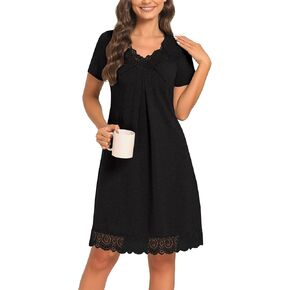 LYANER Women's Lace Trim Soft Nightshirt V Neck Short Sleeve Pleated Nightgowns Sleepwear