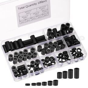 PATIKIL M6 Nylon Spacers, 100Pcs Plastic Spacer Assortment 6mm ID x 11mm OD Spacer Screw Standoff Round Electrical Outlet Spacers for 1/4in Screw Bolts Hardware Receptacle, Black