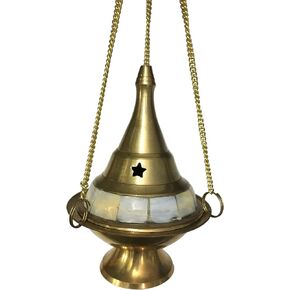 Vrinda® Brass Hanging Censer/Charcoal Incense Burner Studded with Pearl Stone | Traditional Aromatherapy Tool for Home and Meditation Spaces | Beautiful Hanging Design| 4'' High (Gold)