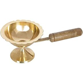 Brass Kapur and Dhoop Dani with Wooden Handle (16 cm x 8 cm x 6 cm) for Home Decor Temple Pooja Golden Gift