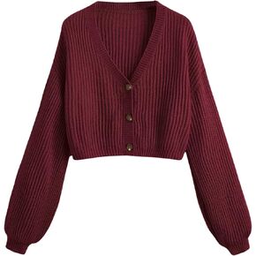 COZYEASE Women's Long Sleeve Button Down Crop Cardigan Sweater Ribbed Knit V Neck Sweater Knit Bolero Shrug