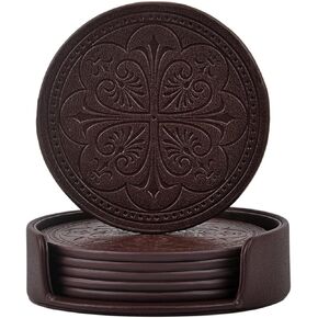 Drink Coasters,PU Leather Bar Beer Beverage Coasters for Drinks Set of 6 with Holder Coasters for Wooden Table Coffee Table Absorbent Drink Coasters,Easy Clean Cup Coasters Easter Housewarming Gifts