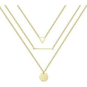 Harlorki Dainty Simple 14K Gold Plated Layered Link Chain Choker Triangle Bar Hammered Disk Pendant Necklace Fashion Jewelry Gift for Women Lady