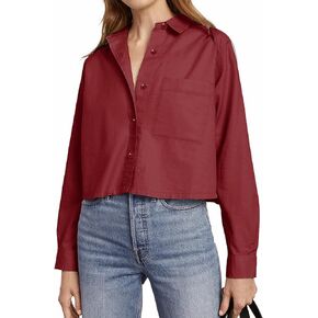 siliteelon Button Down Shirts for Women Cotton Cropped Long Sleeve Button Up Shirts Crop Shirts Tops Blouse with Pocket