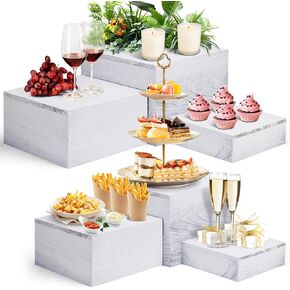 6 Pack Wooden Risers Display Stands Square Buffet Risers for Party Wood Cake Stands Rustic Cupcake Stands Wooden Crates for Display Wood Risers for Decor Wooden Food Display Risers Nesting Risers