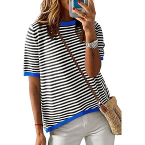 Dokotoo ملابس علوية نسائية صيفية 2024 كاجوال بياقة دائرية وأكمام قصيرة مخططة بألوان زاهية محبوكة عالية ومنخفضة ورقيقة تي شيرت وسترات in Kuwait