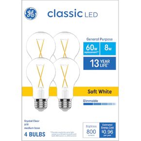 GE Classic LED 60 Watt Replacement, Soft White, A19 General Purpose Bulbs (4 Pack)