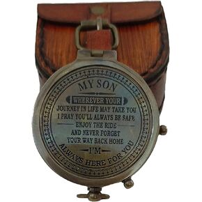 2 Inch Brass Compass Pocket Compass with Leather case My Son Compass Theareu Quote Nautical Camping Survival Boat Compass