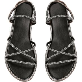 COZYEASE Women's Glitter Rhinestone Decor Flat Sandals Criss Cross Strappy Slides Open Toe Slippers