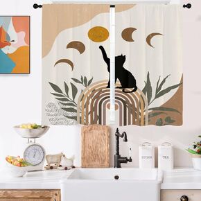 Funny Black Cat Kitchen Curtains Mini 27.5'' W x 39'' L Moon Boho Abstract Modern Terracotta Aesthetic Geometric Short Small Cafe Room Window Drapes Treatment Tiers Fabric 1 Pair
