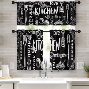 Black Kitchen Curtains Modern Window Curtains Valance and Tier Set 36 Inch, White Kitchen Doodle Rod Pocket Short Tier Curtain, Abstract Art Small Curtains for Kitchen Decor