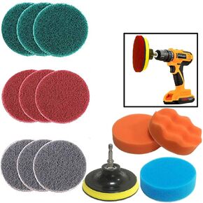 Drill Brush Attachments Set, Drill Power Scrubber Brush Scouring Pads Sponge Cleaning Kit Cleaner Scrubbing Cordless Drill for Pool Tile for Car Wheel Brush Grout Sinks Bathtub Bathroom Kitchen
