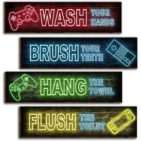 4 قطع نيون ألعاب ديكور جدار الحمام علامات، مضحك قواعد الحمام الخشب شنقا علامة المرحاض مرحاض جدار ديكور علامات، ملهمة النيون الألعاب جدار الفن علامات للأولاد-5 in Kuwait