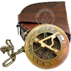 Brass Sundial Compass with Leather Case and Chain - Push Open Compass - Steampunk Accessory - Antiquated Finish - Beautiful Handmade Gift -Sundial Clock