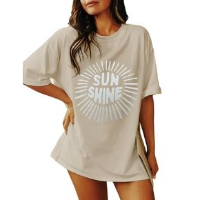 SAFRISIOR Women Oversized Sunshine Letter Sun Print Graphic T-Shirt Crewneck Short Sleeve Loose Tee Casual Shirt Top Summer