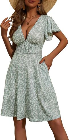 فستان صيفي للسيدات من Loemes 2024، فساتين كاجوال برقبة على شكل V وأكمام Ruflle فستان زهري مع جيوب in Kuwait