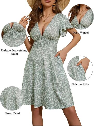 فستان صيفي للسيدات من Loemes 2024، فساتين كاجوال برقبة على شكل V وأكمام Ruflle فستان زهري مع جيوب in Kuwait