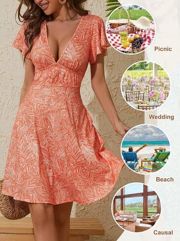 فستان صيفي للسيدات من Loemes 2024، فساتين كاجوال برقبة على شكل V وأكمام Ruflle فستان زهري مع جيوب in Kuwait