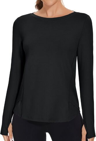 Rapbin Women's UPF 50+ Sun Protection T-Shirts Long Sleeve Boat Neck Workout Lightweight Quick Dry Top with Thumb Hole in Saudi Arabia