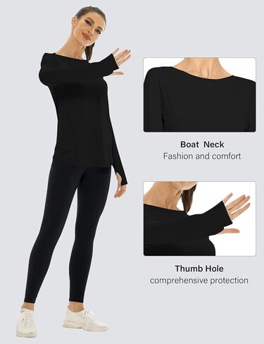 Rapbin Women's UPF 50+ Sun Protection T-Shirts Long Sleeve Boat Neck Workout Lightweight Quick Dry Top with Thumb Hole in Saudi Arabia