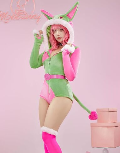 Cute Dog Style Romper Fuzzy Onesie Pajama Pink Green Loungewear Fluffy Hooded Homewear Short Jumpsuit with Stockings in Saudi Arabia
