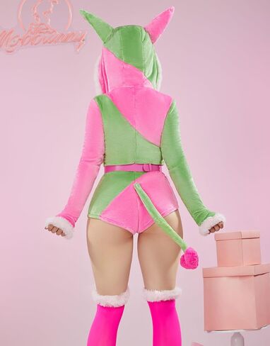 Cute Dog Style Romper Fuzzy Onesie Pajama Pink Green Loungewear Fluffy Hooded Homewear Short Jumpsuit with Stockings in Saudi Arabia