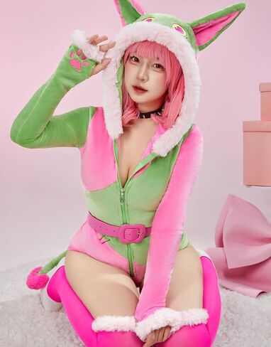 Cute Dog Style Romper Fuzzy Onesie Pajama Pink Green Loungewear Fluffy Hooded Homewear Short Jumpsuit with Stockings in Saudi Arabia