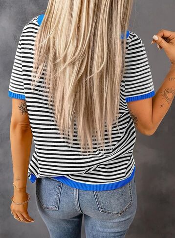 Dokotoo ملابس علوية نسائية صيفية 2024 كاجوال بياقة دائرية وأكمام قصيرة مخططة بألوان زاهية محبوكة عالية ومنخفضة ورقيقة تي شيرت وسترات in Kuwait