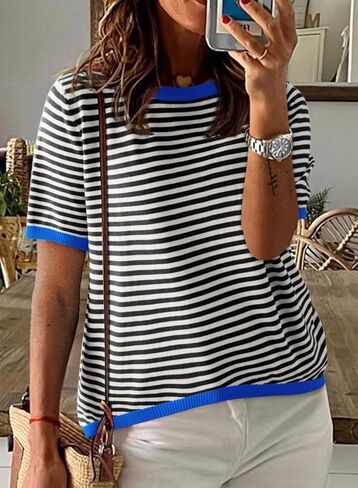 Dokotoo ملابس علوية نسائية صيفية 2024 كاجوال بياقة دائرية وأكمام قصيرة مخططة بألوان زاهية محبوكة عالية ومنخفضة ورقيقة تي شيرت وسترات in Kuwait