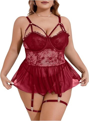 COZYEASE Women's Plus Size Teddy Lingerie Set Babydoll Sheer Lace Nightgown Mesh Chemise Sleepwear in Saudi Arabia