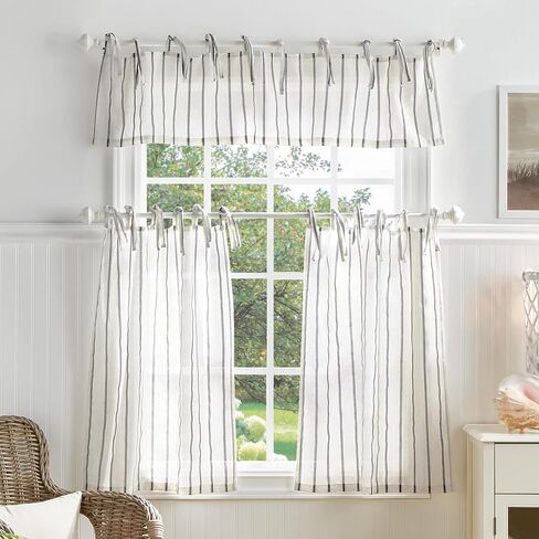 Martha Stewart Laguna Stripe Semi-Sheer Tie Tab Window Curtain Valance and Tiers Set, Grey in Saudi Arabia