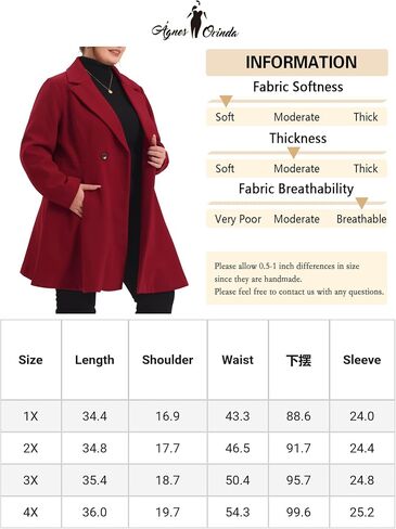 Agnes Orinda Plus Size Peacoat for Women Elegant A Line Notched Lapel Double Breasted Long Coat in Saudi Arabia