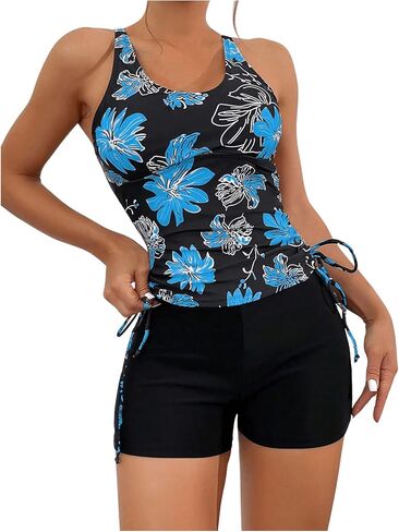 WDIRARA Women's 2 Piece Floral Print Drawstring Side Swimwear Set Ruched Tankini Tops and Shorts Swimsuit Sets Bathing Suit in Saudi Arabia
