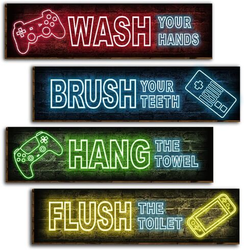 4 قطع نيون ألعاب ديكور جدار الحمام علامات، مضحك قواعد الحمام الخشب شنقا علامة المرحاض مرحاض جدار ديكور علامات، ملهمة النيون الألعاب جدار الفن علامات للأولاد-5 in Kuwait