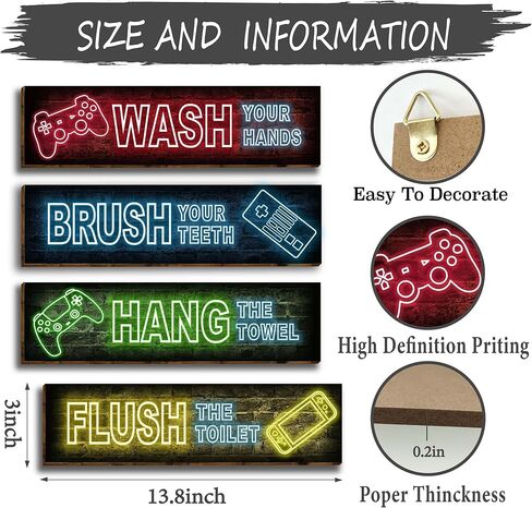 4 قطع نيون ألعاب ديكور جدار الحمام علامات، مضحك قواعد الحمام الخشب شنقا علامة المرحاض مرحاض جدار ديكور علامات، ملهمة النيون الألعاب جدار الفن علامات للأولاد-5 in Kuwait