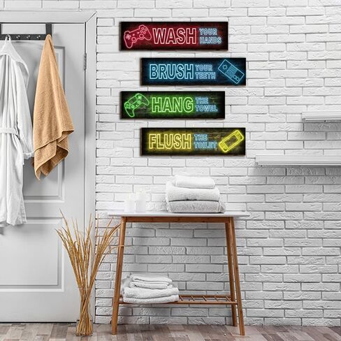 4 قطع نيون ألعاب ديكور جدار الحمام علامات، مضحك قواعد الحمام الخشب شنقا علامة المرحاض مرحاض جدار ديكور علامات، ملهمة النيون الألعاب جدار الفن علامات للأولاد-5 in Kuwait