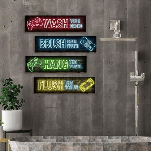 4 قطع نيون ألعاب ديكور جدار الحمام علامات، مضحك قواعد الحمام الخشب شنقا علامة المرحاض مرحاض جدار ديكور علامات، ملهمة النيون الألعاب جدار الفن علامات للأولاد-5 in Kuwait