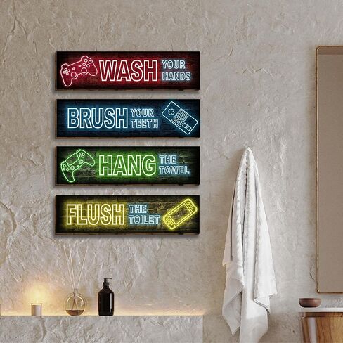 4 قطع نيون ألعاب ديكور جدار الحمام علامات، مضحك قواعد الحمام الخشب شنقا علامة المرحاض مرحاض جدار ديكور علامات، ملهمة النيون الألعاب جدار الفن علامات للأولاد-5 in Kuwait