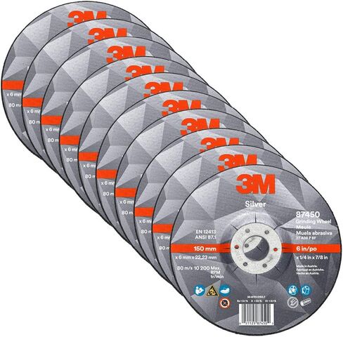 3M Silver Grinding Wheel, Depressed Center – for Right Angle Grinder – 6" diam. x 1/4" Thick x 7/8" Arbor Hole – Type 27 – 87450 – Pack of 10 in Saudi Arabia