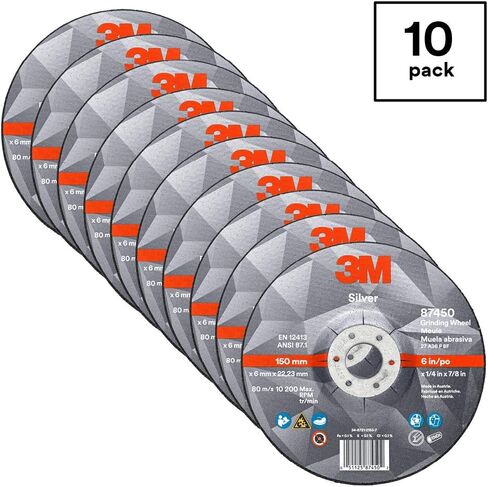 3M Silver Grinding Wheel, Depressed Center – for Right Angle Grinder – 6" diam. x 1/4" Thick x 7/8" Arbor Hole – Type 27 – 87450 – Pack of 10 in Saudi Arabia