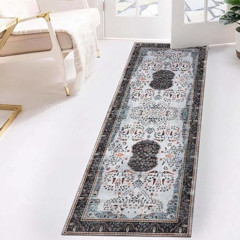 Superior Indoor Runner Rug, Cotton Backing, for Kids or Pets, Entry, Living Room, Kitchen, Bedroom, Hallway, Machine Washable Rugs, Floor Cover, Medallion, Sparrow Collection, 2' 7" x 12', Cream in Saudi Arabia
