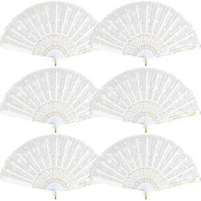 HKACSTHI 6 Packs White Spanish Floral Folding Hand Fan Women Lace Fan Handheld Fans for Wedding and Home Decoration