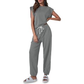 Tankaneo Women's Summer 2 Piece Outfits Casual Lounge Sets Oversized Sleeveless Tops Sweatpants with Pockets Pajama Sets