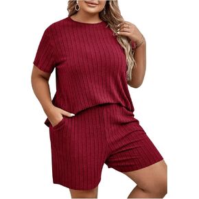 MakeMeChic Women's Plus Size 2 Piece Tracksuit Ribbed Short Sleeve T Shirt with Track Shorts Lounge Sets