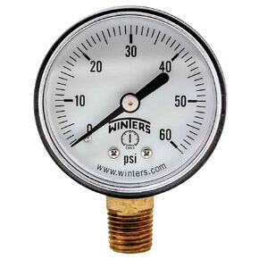 Winters 2 inch Dial Size, Economy Utility Dry Pool Filter Pressure Gauge, Brass Internals, Plastic Case, Single Scale 0-60 psi, 3-2-3% Acc, 1/4 inch NPT Bottom Mount, Multi Function Pressure Gauge