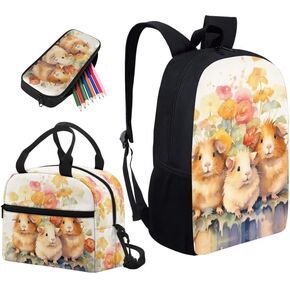 Cartoon Guinea Pig Flower 17 Inch Backpack Set for Teenagers Watercolor Guinea Pig School Bookbag and Insulated Lunch Box Pink Rose Flower 3 in 1 Middle School Book Bag